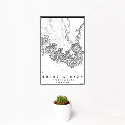 12x18 Grand Canyon National Park Map Print Portrait Orientation in Classic Style With Small Cactus Plant in White Planter