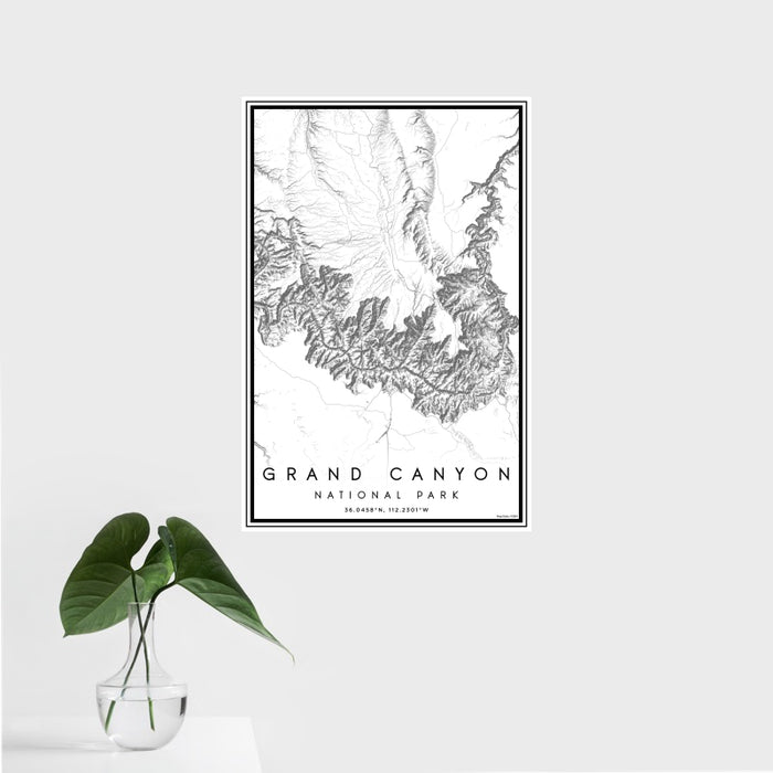 16x24 Grand Canyon National Park Map Print Portrait Orientation in Classic Style With Tropical Plant Leaves in Water