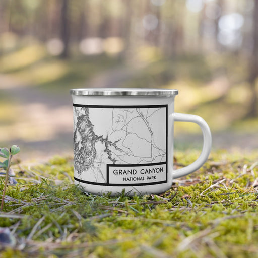 Right View Custom Grand Canyon National Park Map Enamel Mug in Classic on Grass With Trees in Background