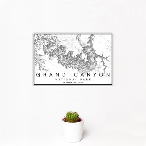12x18 Grand Canyon National Park Map Print Landscape Orientation in Classic Style With Small Cactus Plant in White Planter