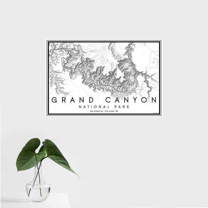 16x24 Grand Canyon National Park Map Print Landscape Orientation in Classic Style With Tropical Plant Leaves in Water