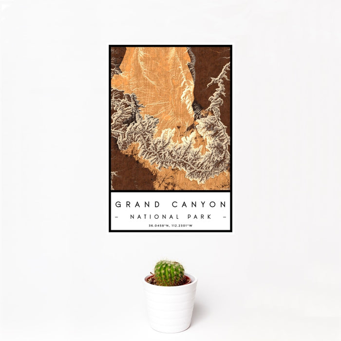 12x18 Grand Canyon National Park Map Print Portrait Orientation in Ember Style With Small Cactus Plant in White Planter