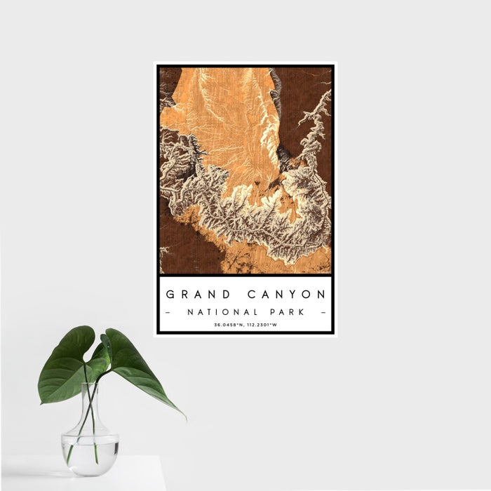 16x24 Grand Canyon National Park Map Print Portrait Orientation in Ember Style With Tropical Plant Leaves in Water