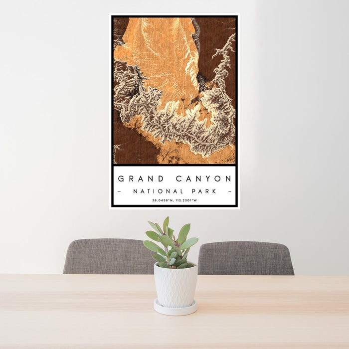 24x36 Grand Canyon National Park Map Print Portrait Orientation in Ember Style Behind 2 Chairs Table and Potted Plant