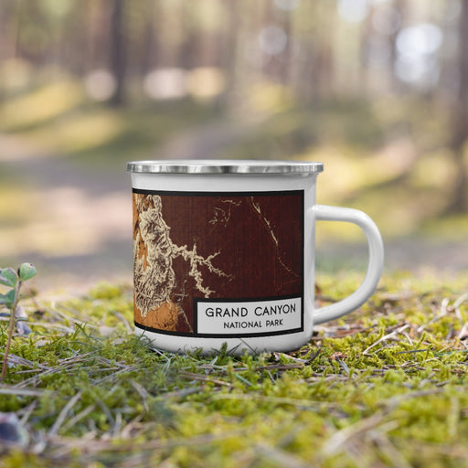 Right View Custom Grand Canyon National Park Map Enamel Mug in Ember on Grass With Trees in Background