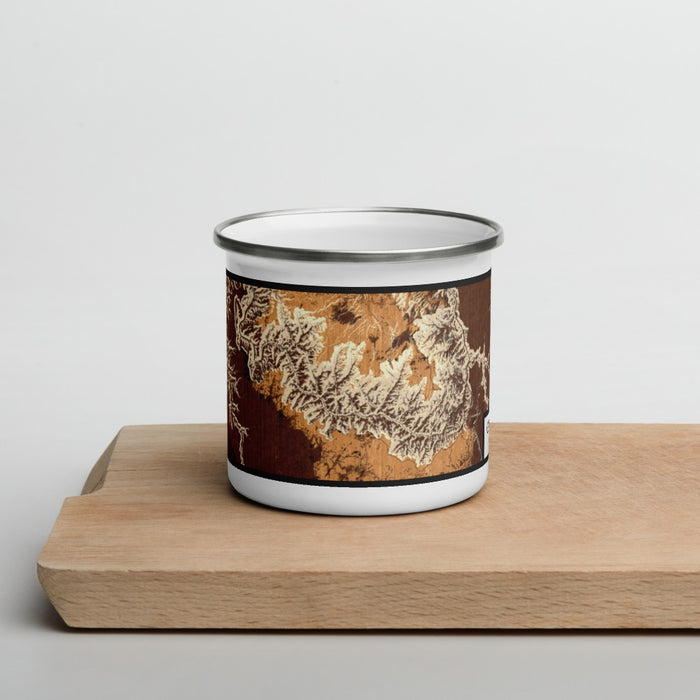 Front View Custom Grand Canyon National Park Map Enamel Mug in Ember on Cutting Board