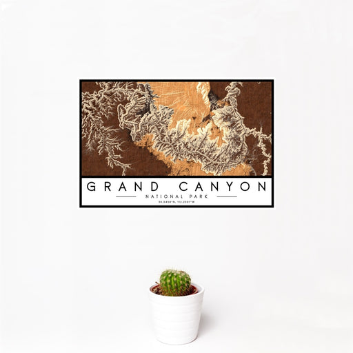 12x18 Grand Canyon National Park Map Print Landscape Orientation in Ember Style With Small Cactus Plant in White Planter