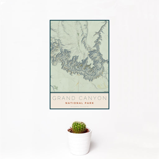 12x18 Grand Canyon National Park Map Print Portrait Orientation in Woodblock Style With Small Cactus Plant in White Planter