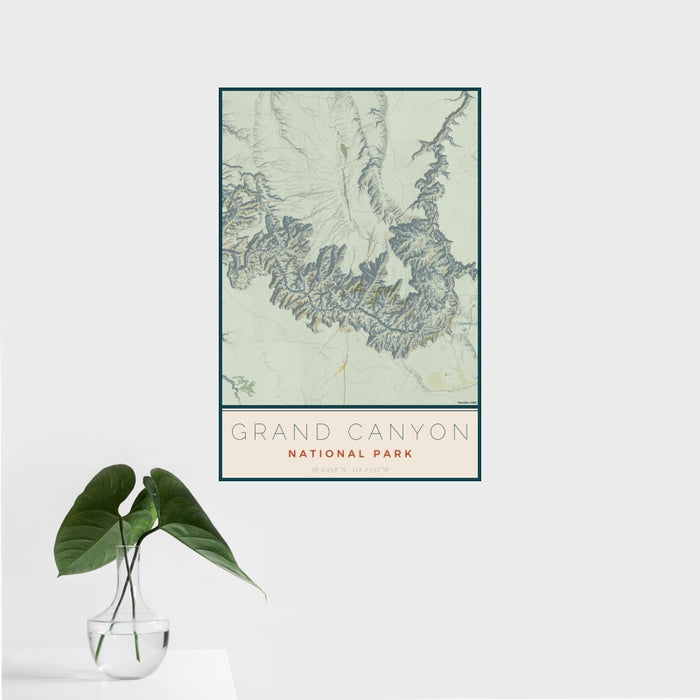 16x24 Grand Canyon National Park Map Print Portrait Orientation in Woodblock Style With Tropical Plant Leaves in Water