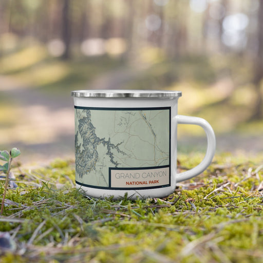 Right View Custom Grand Canyon National Park Map Enamel Mug in Woodblock on Grass With Trees in Background