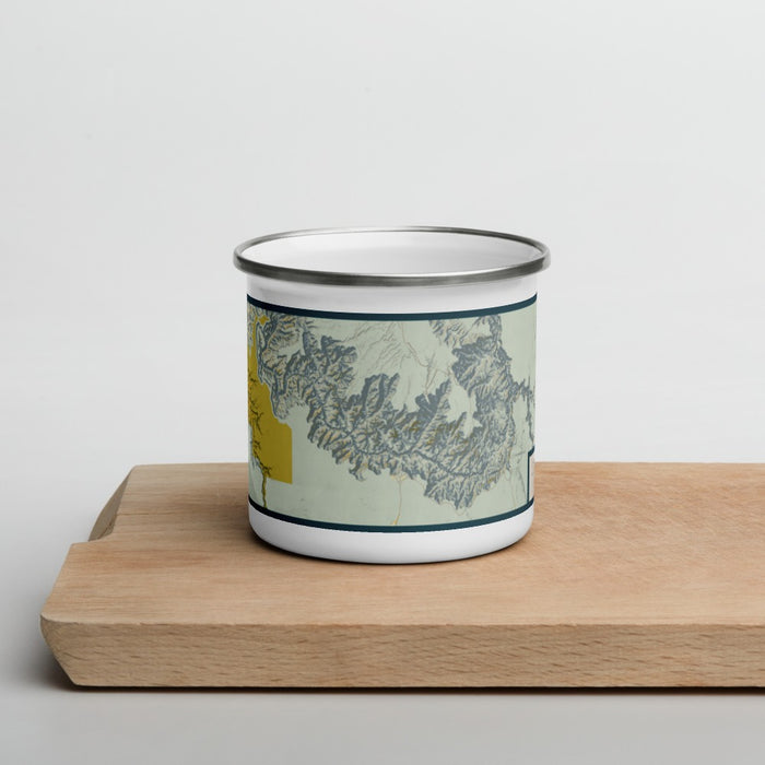 Front View Custom Grand Canyon National Park Map Enamel Mug in Woodblock on Cutting Board