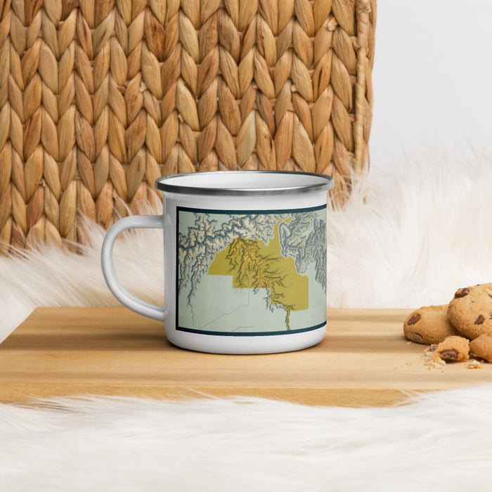 Left View Custom Grand Canyon National Park Map Enamel Mug in Woodblock on Table Top