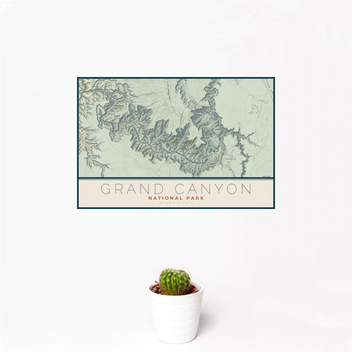 12x18 Grand Canyon National Park Map Print Landscape Orientation in Woodblock Style With Small Cactus Plant in White Planter