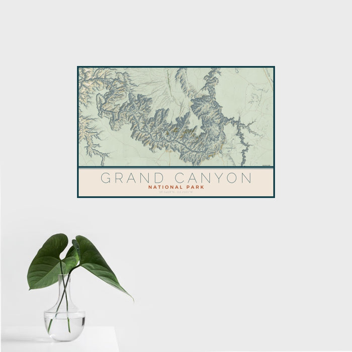 16x24 Grand Canyon National Park Map Print Landscape Orientation in Woodblock Style With Tropical Plant Leaves in Water