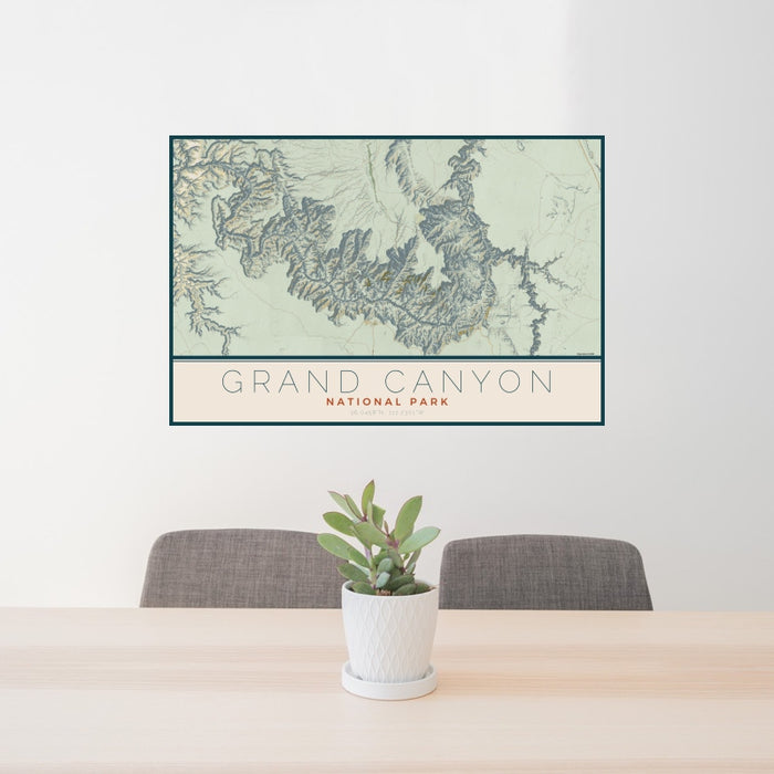 24x36 Grand Canyon National Park Map Print Landscape Orientation in Woodblock Style Behind 2 Chairs Table and Potted Plant