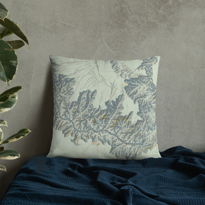 Custom Grand Canyon National Park Map Throw Pillow in Woodblock on Bedding Against Wall