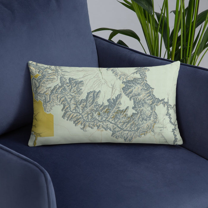 Custom Grand Canyon National Park Map Throw Pillow in Woodblock on Blue Colored Chair