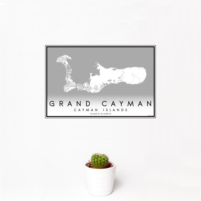 12x18 Grand Cayman Cayman Islands Map Print Landscape Orientation in Classic Style With Small Cactus Plant in White Planter