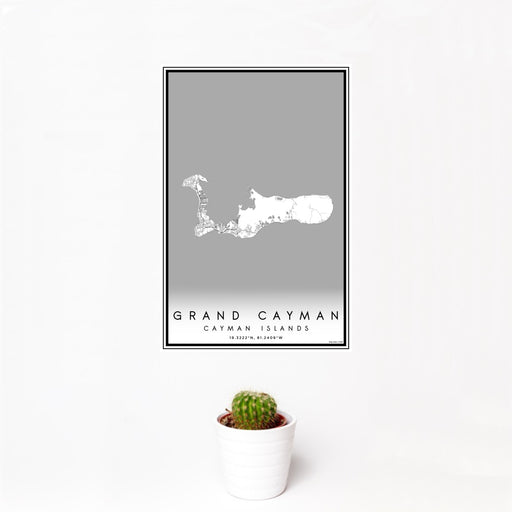 12x18 Grand Cayman Cayman Islands Map Print Portrait Orientation in Classic Style With Small Cactus Plant in White Planter