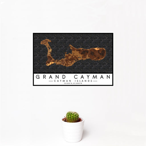 12x18 Grand Cayman Cayman Islands Map Print Landscape Orientation in Ember Style With Small Cactus Plant in White Planter