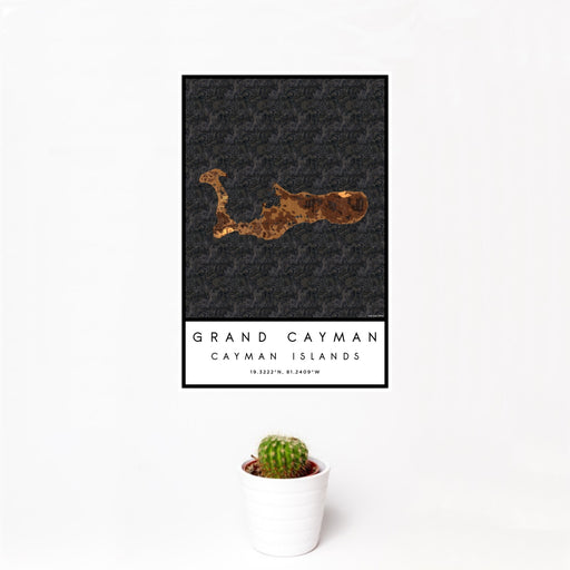 12x18 Grand Cayman Cayman Islands Map Print Portrait Orientation in Ember Style With Small Cactus Plant in White Planter