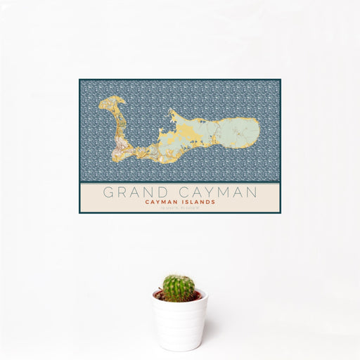12x18 Grand Cayman Cayman Islands Map Print Landscape Orientation in Woodblock Style With Small Cactus Plant in White Planter