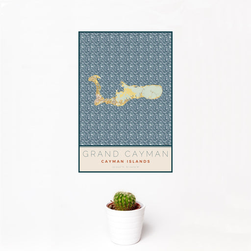 12x18 Grand Cayman Cayman Islands Map Print Portrait Orientation in Woodblock Style With Small Cactus Plant in White Planter