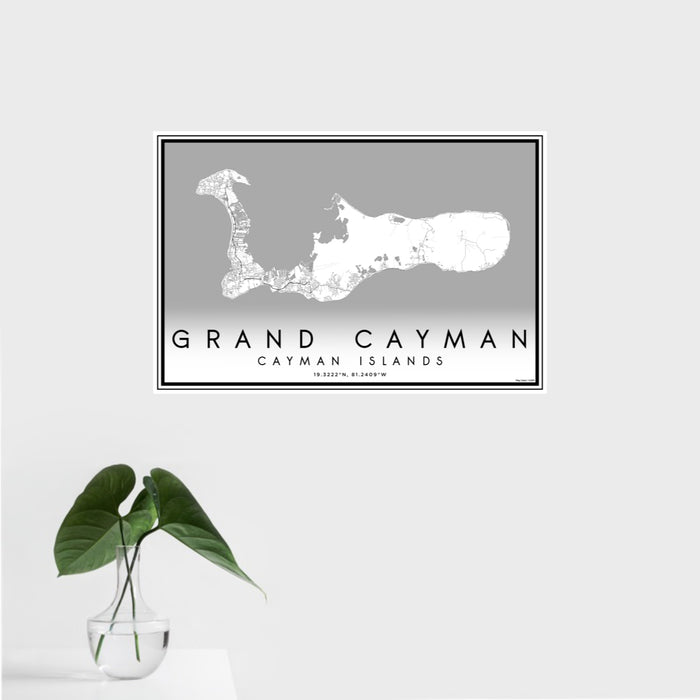16x24 Grand Cayman Cayman Islands Map Print Landscape Orientation in Classic Style With Tropical Plant Leaves in Water