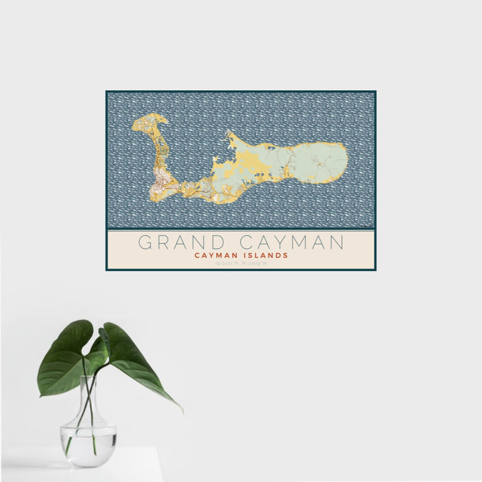 16x24 Grand Cayman Cayman Islands Map Print Landscape Orientation in Woodblock Style With Tropical Plant Leaves in Water