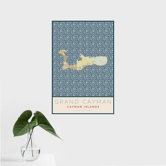 16x24 Grand Cayman Cayman Islands Map Print Portrait Orientation in Woodblock Style With Tropical Plant Leaves in Water