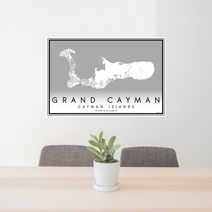 24x36 Grand Cayman Cayman Islands Map Print Lanscape Orientation in Classic Style Behind 2 Chairs Table and Potted Plant
