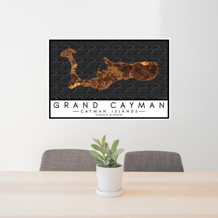 24x36 Grand Cayman Cayman Islands Map Print Lanscape Orientation in Ember Style Behind 2 Chairs Table and Potted Plant