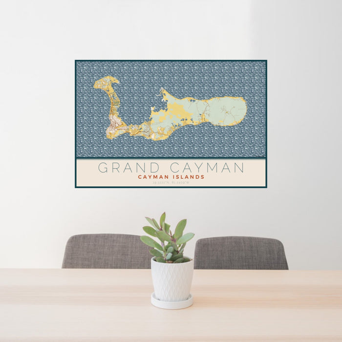 24x36 Grand Cayman Cayman Islands Map Print Lanscape Orientation in Woodblock Style Behind 2 Chairs Table and Potted Plant