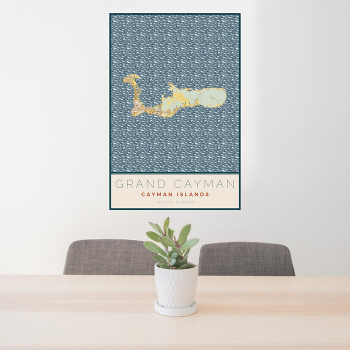 24x36 Grand Cayman Cayman Islands Map Print Portrait Orientation in Woodblock Style Behind 2 Chairs Table and Potted Plant