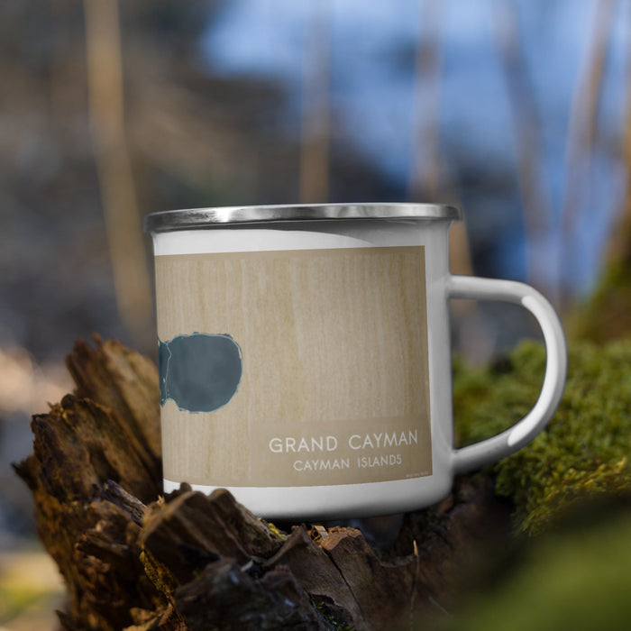 Right View Custom Grand Cayman Cayman Islands Map Enamel Mug in Afternoon on Grass With Trees in Background