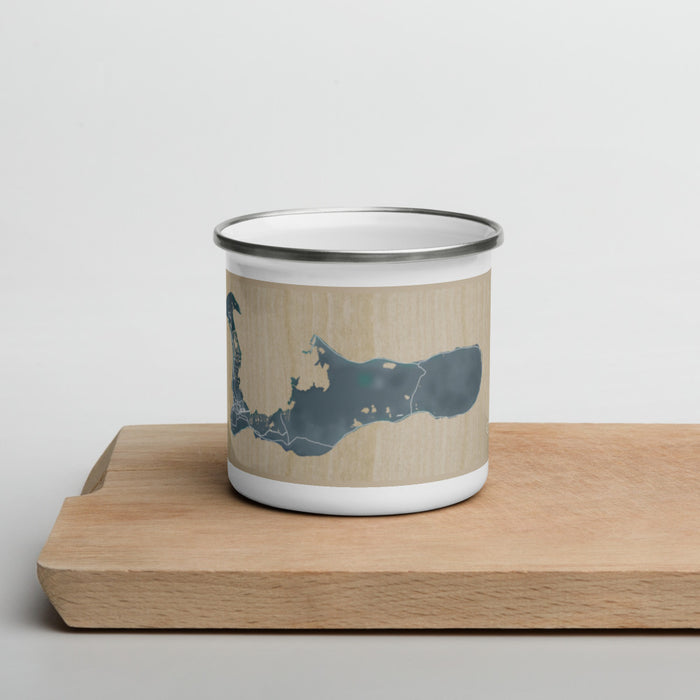 Front View Custom Grand Cayman Cayman Islands Map Enamel Mug in Afternoon on Cutting Board
