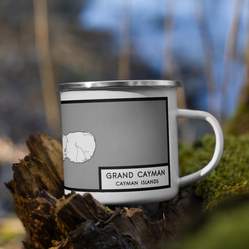 Right View Custom Grand Cayman Cayman Islands Map Enamel Mug in Classic on Grass With Trees in Background