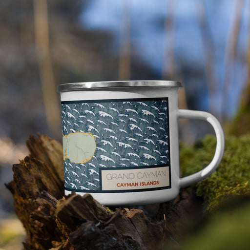 Right View Custom Grand Cayman Cayman Islands Map Enamel Mug in Woodblock on Grass With Trees in Background