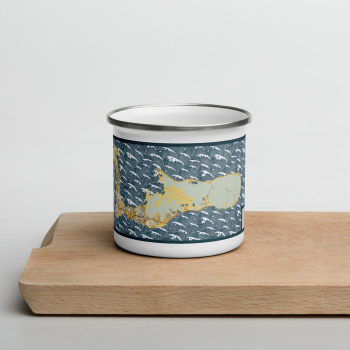 Front View Custom Grand Cayman Cayman Islands Map Enamel Mug in Woodblock on Cutting Board