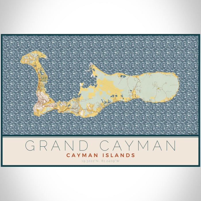 Grand Cayman Cayman Islands Map Print Landscape Orientation in Woodblock Style With Shaded Background