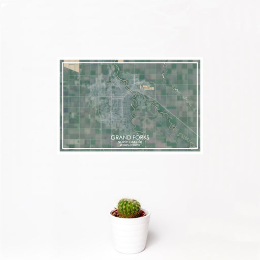 12x18 Grand Forks North Dakota Map Print Landscape Orientation in Afternoon Style With Small Cactus Plant in White Planter