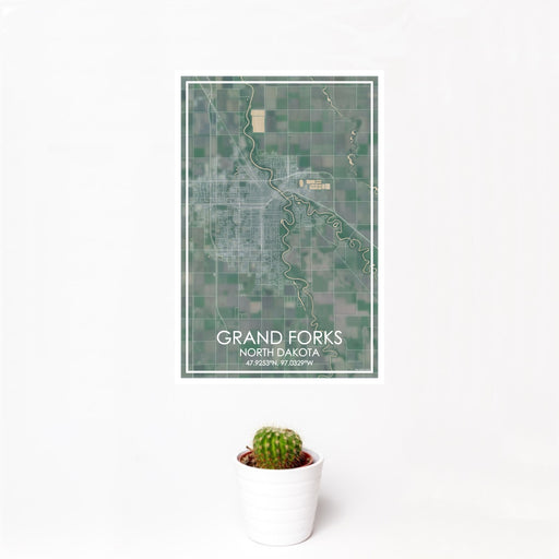 12x18 Grand Forks North Dakota Map Print Portrait Orientation in Afternoon Style With Small Cactus Plant in White Planter