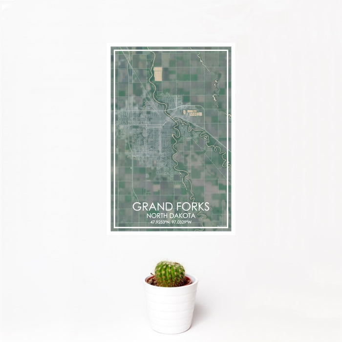 12x18 Grand Forks North Dakota Map Print Portrait Orientation in Afternoon Style With Small Cactus Plant in White Planter