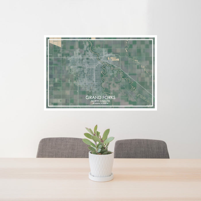24x36 Grand Forks North Dakota Map Print Lanscape Orientation in Afternoon Style Behind 2 Chairs Table and Potted Plant