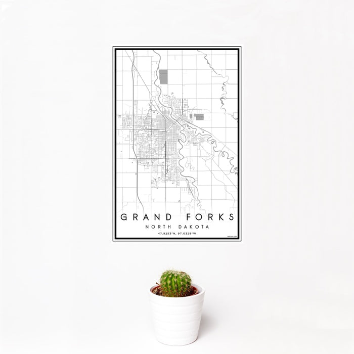 12x18 Grand Forks North Dakota Map Print Portrait Orientation in Classic Style With Small Cactus Plant in White Planter