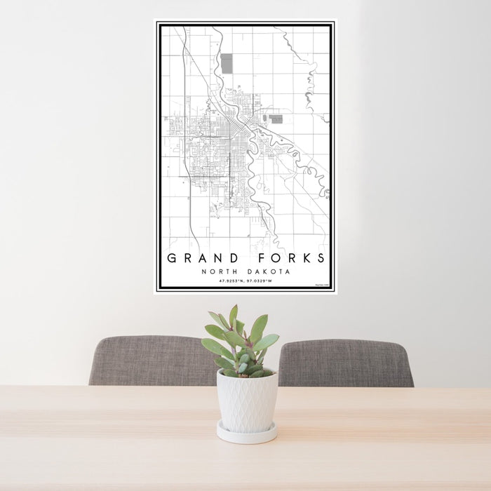 24x36 Grand Forks North Dakota Map Print Portrait Orientation in Classic Style Behind 2 Chairs Table and Potted Plant