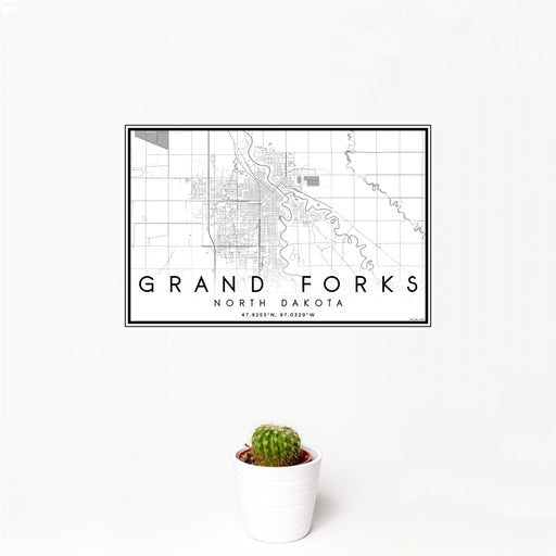 12x18 Grand Forks North Dakota Map Print Landscape Orientation in Classic Style With Small Cactus Plant in White Planter