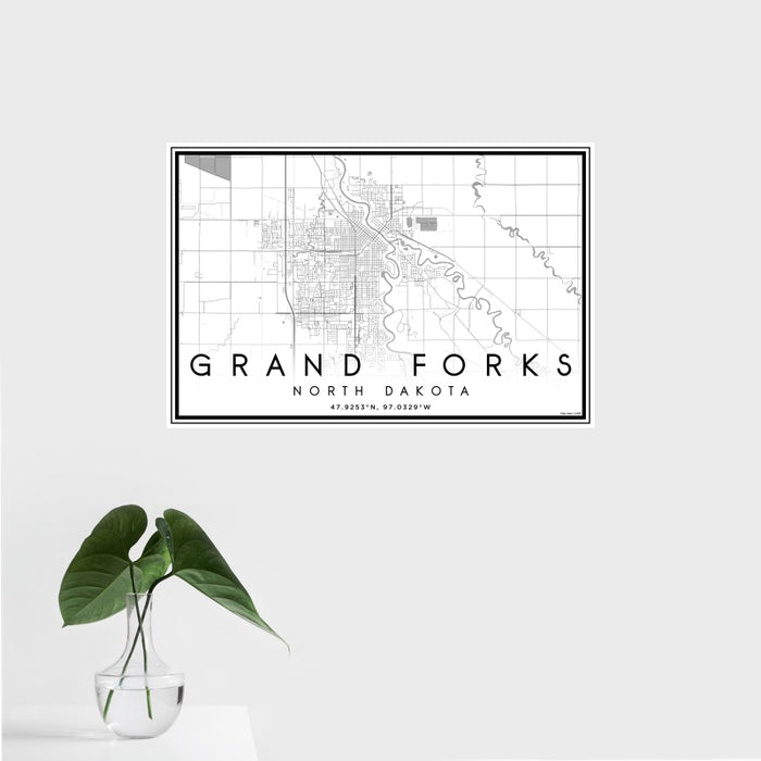 16x24 Grand Forks North Dakota Map Print Landscape Orientation in Classic Style With Tropical Plant Leaves in Water