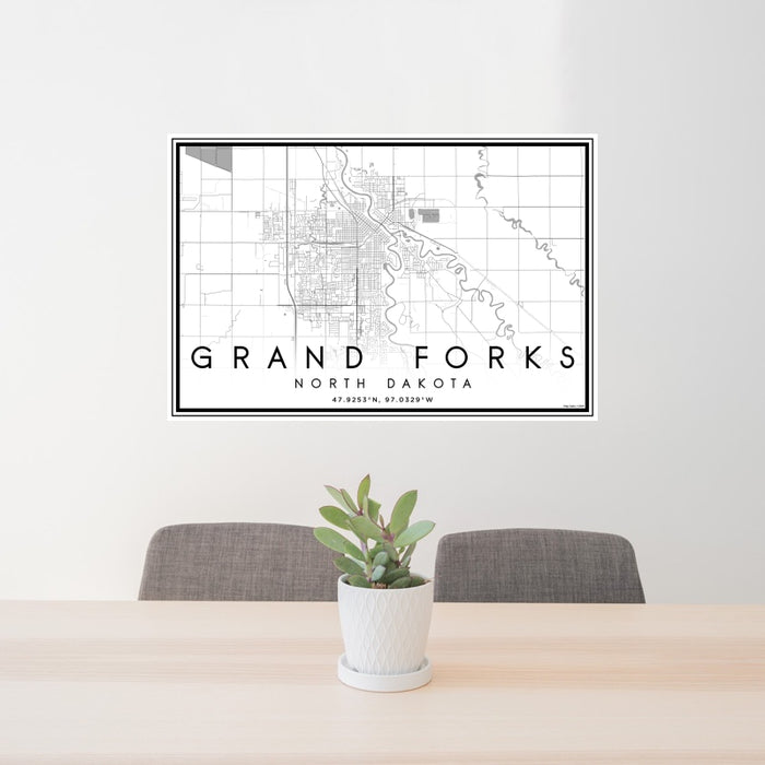 24x36 Grand Forks North Dakota Map Print Landscape Orientation in Classic Style Behind 2 Chairs Table and Potted Plant