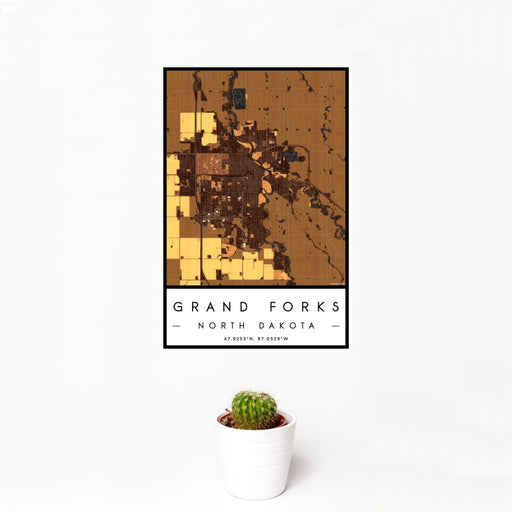 12x18 Grand Forks North Dakota Map Print Portrait Orientation in Ember Style With Small Cactus Plant in White Planter